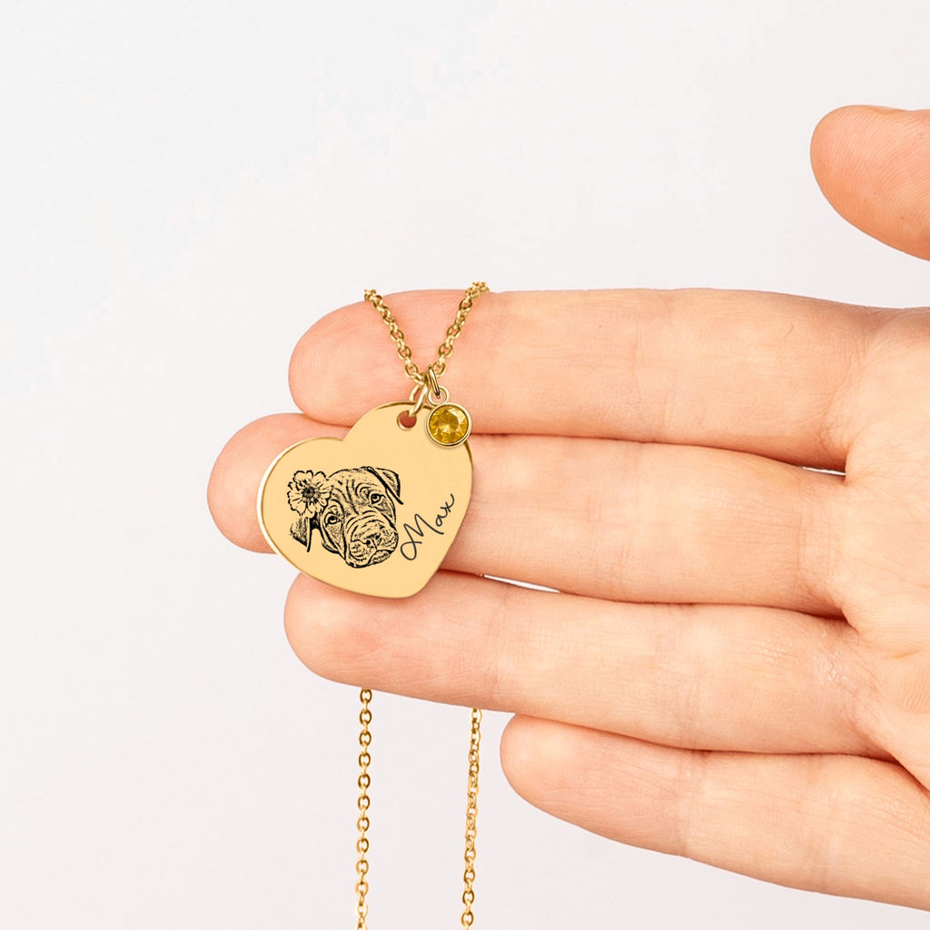 Collier Cœur Pierre de Naissance Personnalisé PAWLIA — Portrait ou Empreinte