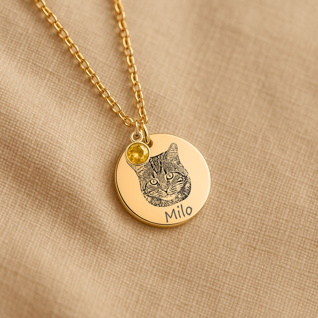 Collier Pièce Pierre de Naissance Personnalisé PAWLIA — Portrait ou Empreinte