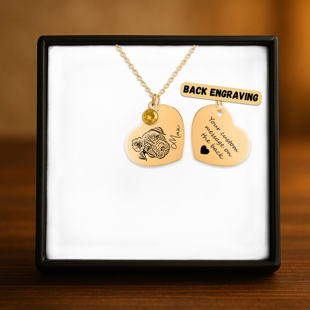 Collier Cœur Pierre de Naissance Personnalisé PAWLIA — Portrait ou Empreinte