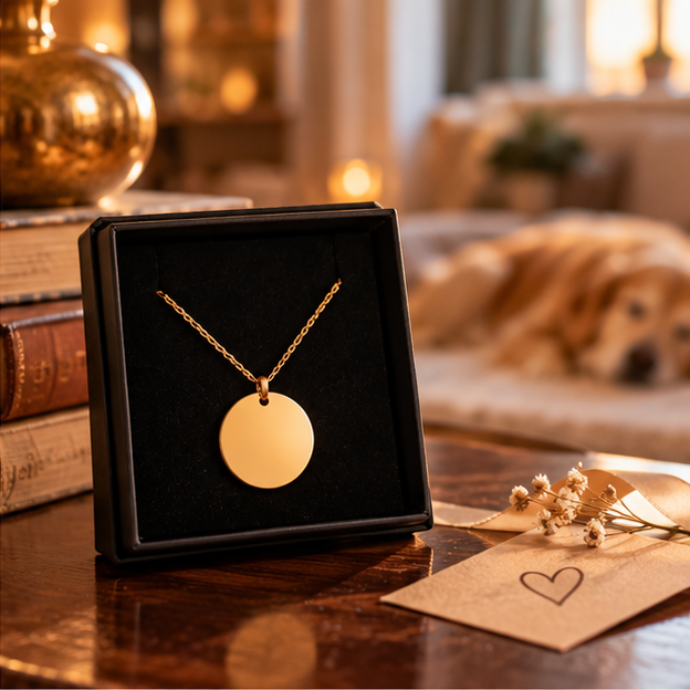 Collier médaillon doré dans son écrin noir, prêt à être personnalisé
